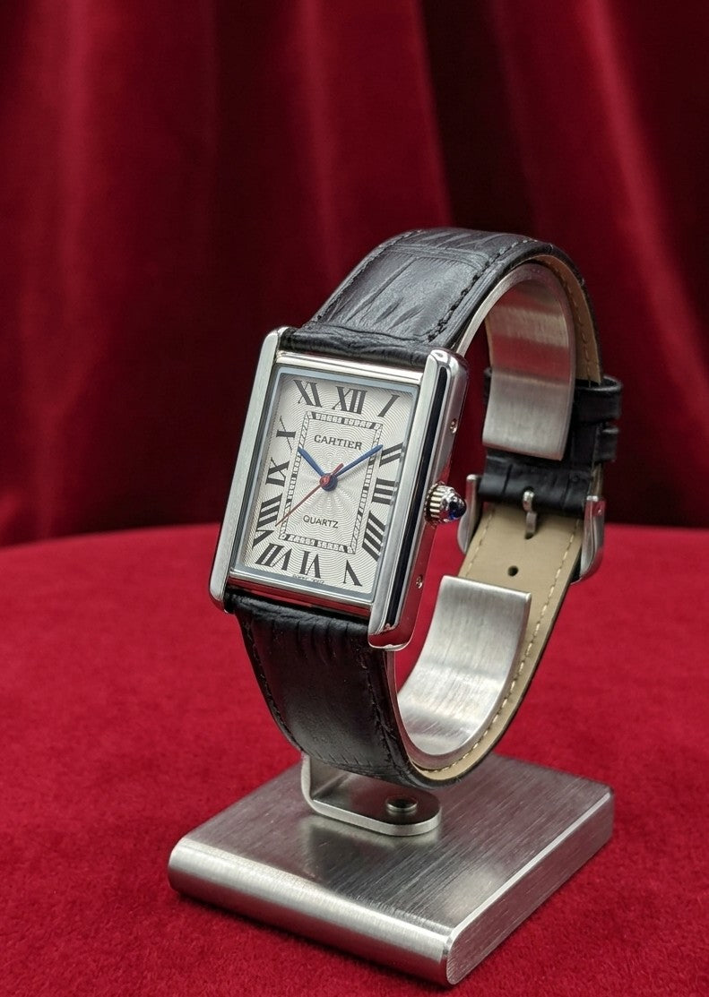 Black Cartier-Timeless Leather Square Watch with Box