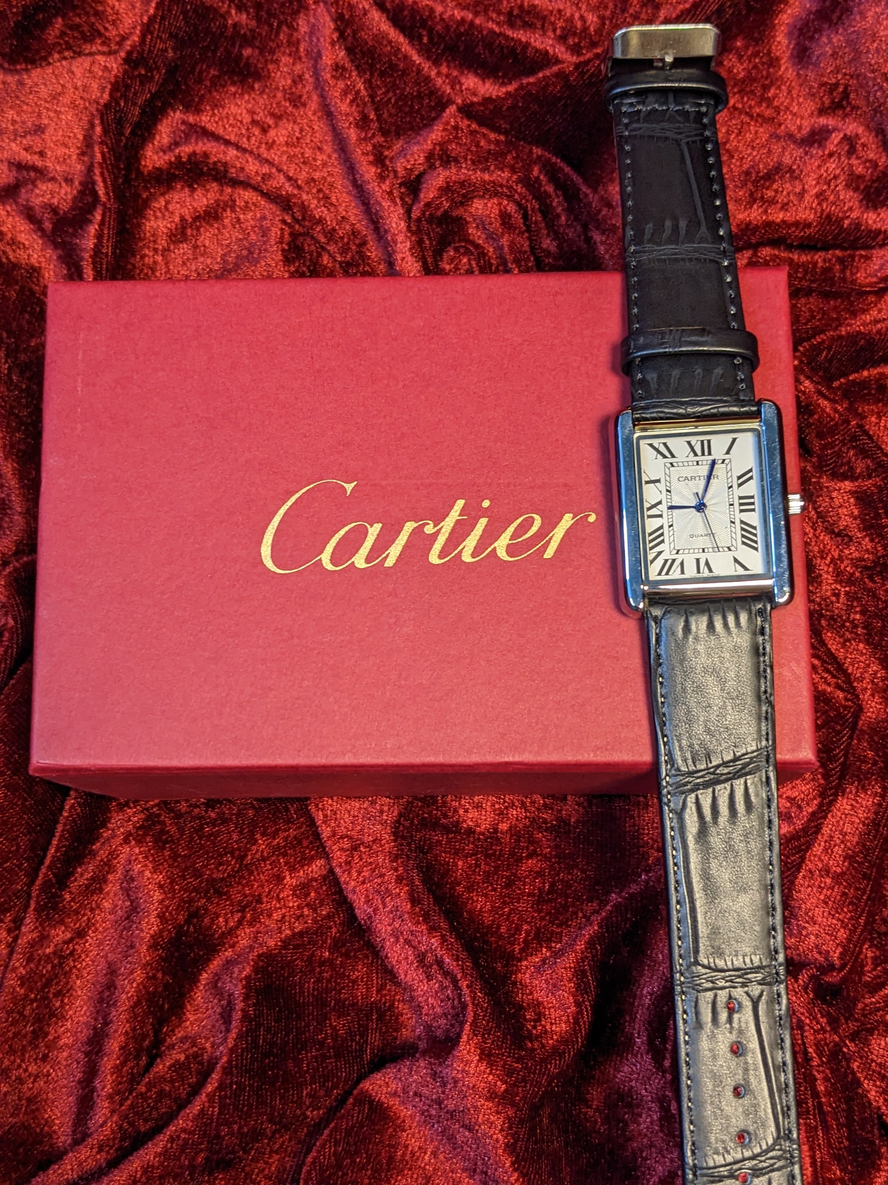 Black Cartier-Timeless Leather Square Watch with Box