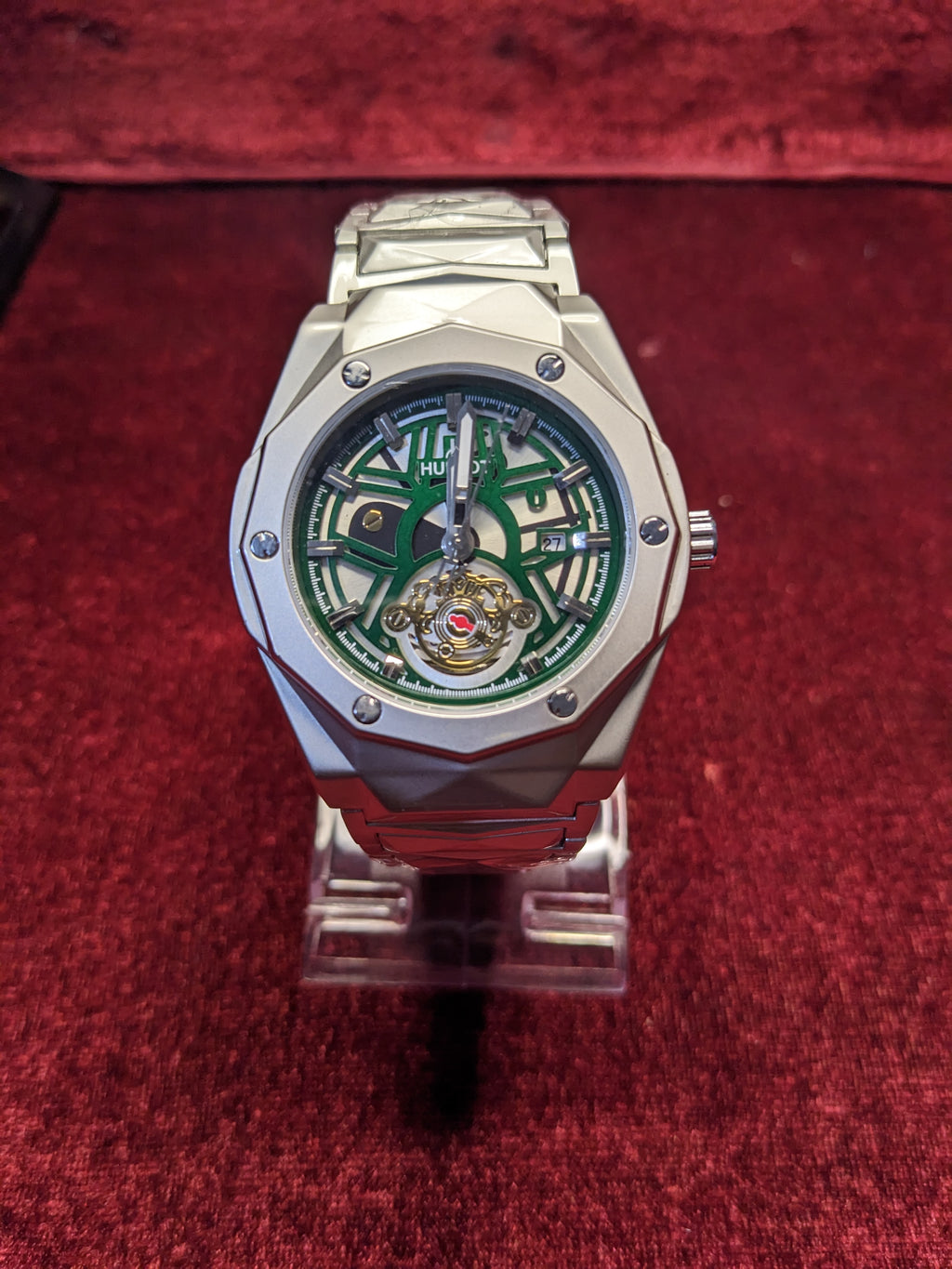 Hublot Skeleton Automatic Tourbillon – Green Accents, Silver Stainless Steel