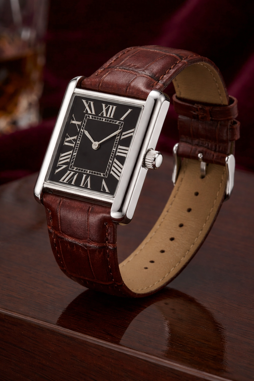 Coffe Brown Cartier- Timeless Leather square Watch with box